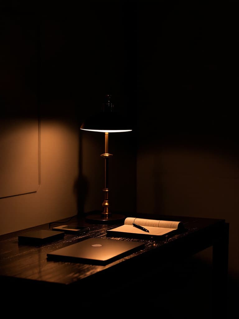 A dark wooden desk lit by a single brass lamp