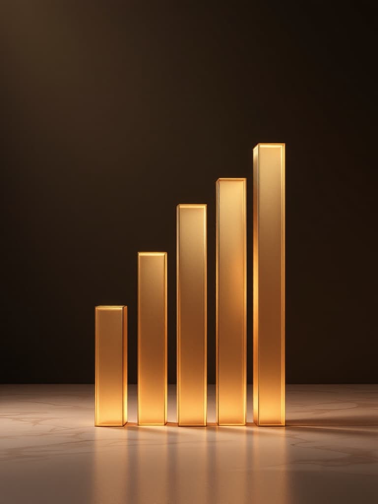 Rising bars sculpted in brushed gold and frosted glass