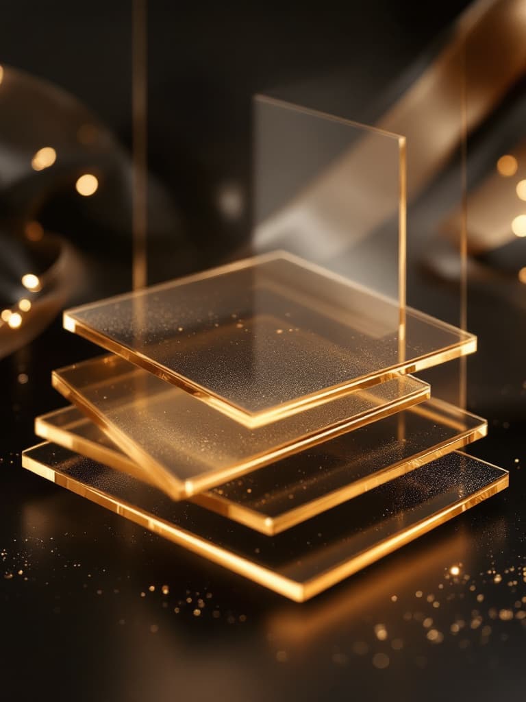 Stacked translucent glass panels edged in gold light