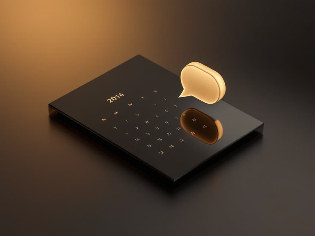 A dark glass calendar slab beside a floating chat bubble
