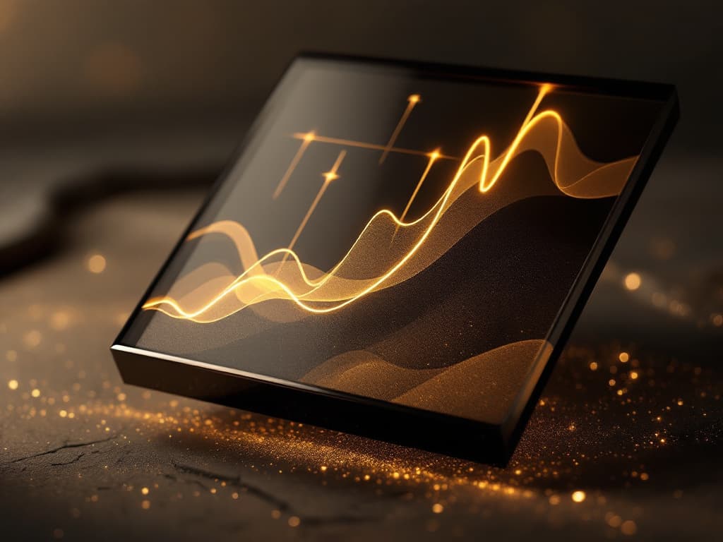 A dark glass panel showing glowing gold charts