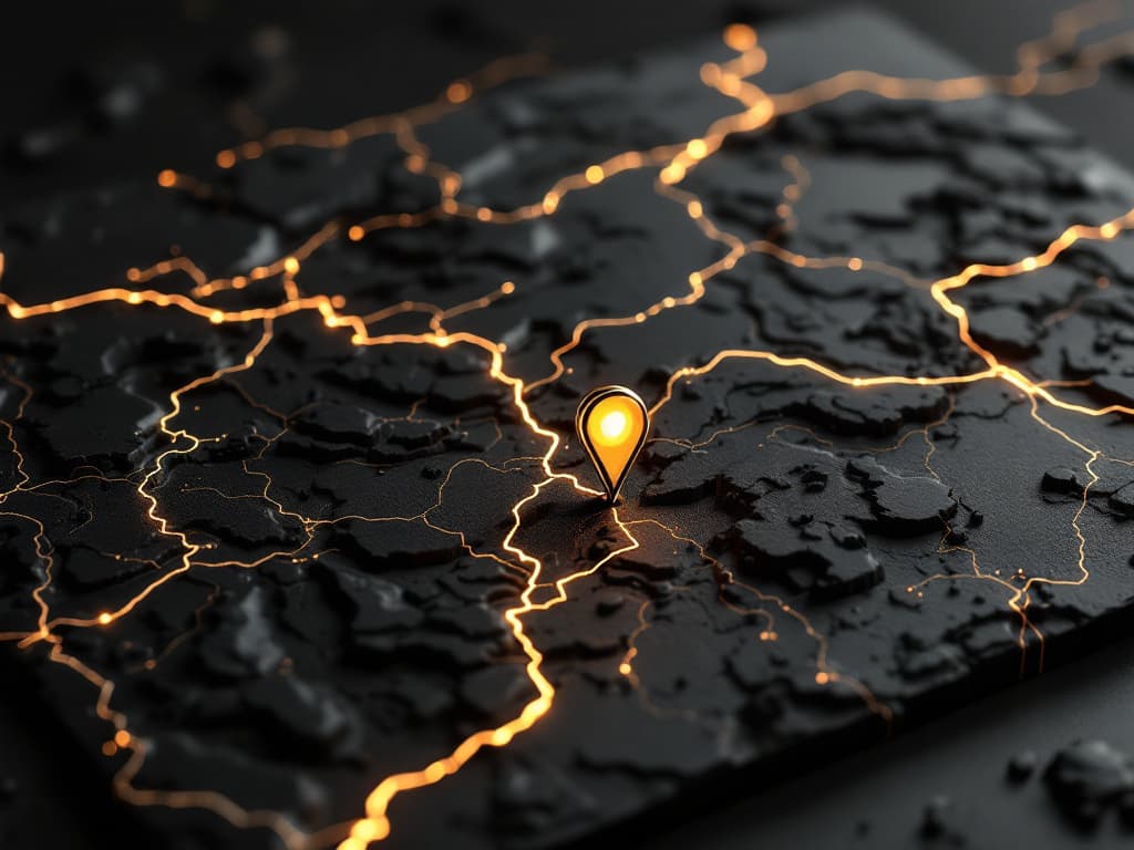 A black stone relief map traced with gold route lines