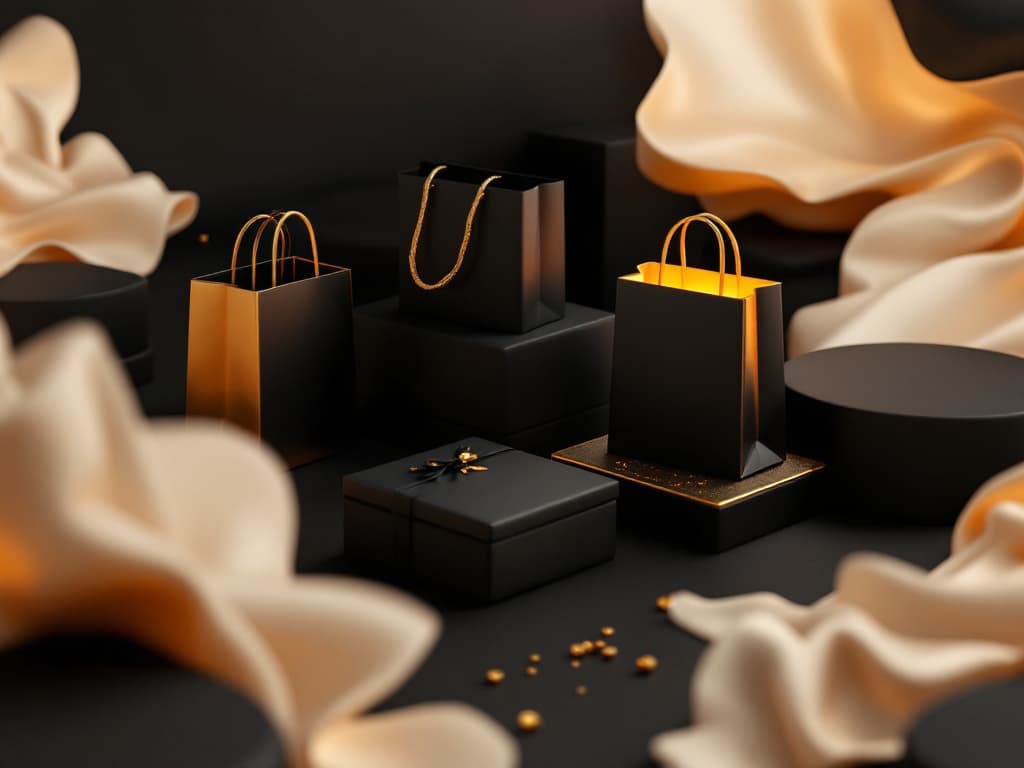 Matte black gift boxes and shopping bags with gold edges